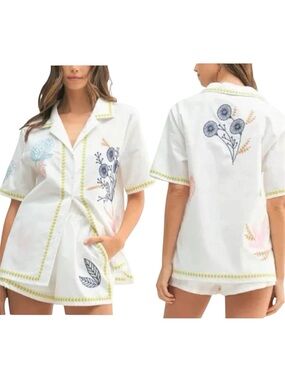 Mable White Floral Linen Embroidered Button Down Resort Top and Shorts Set Small